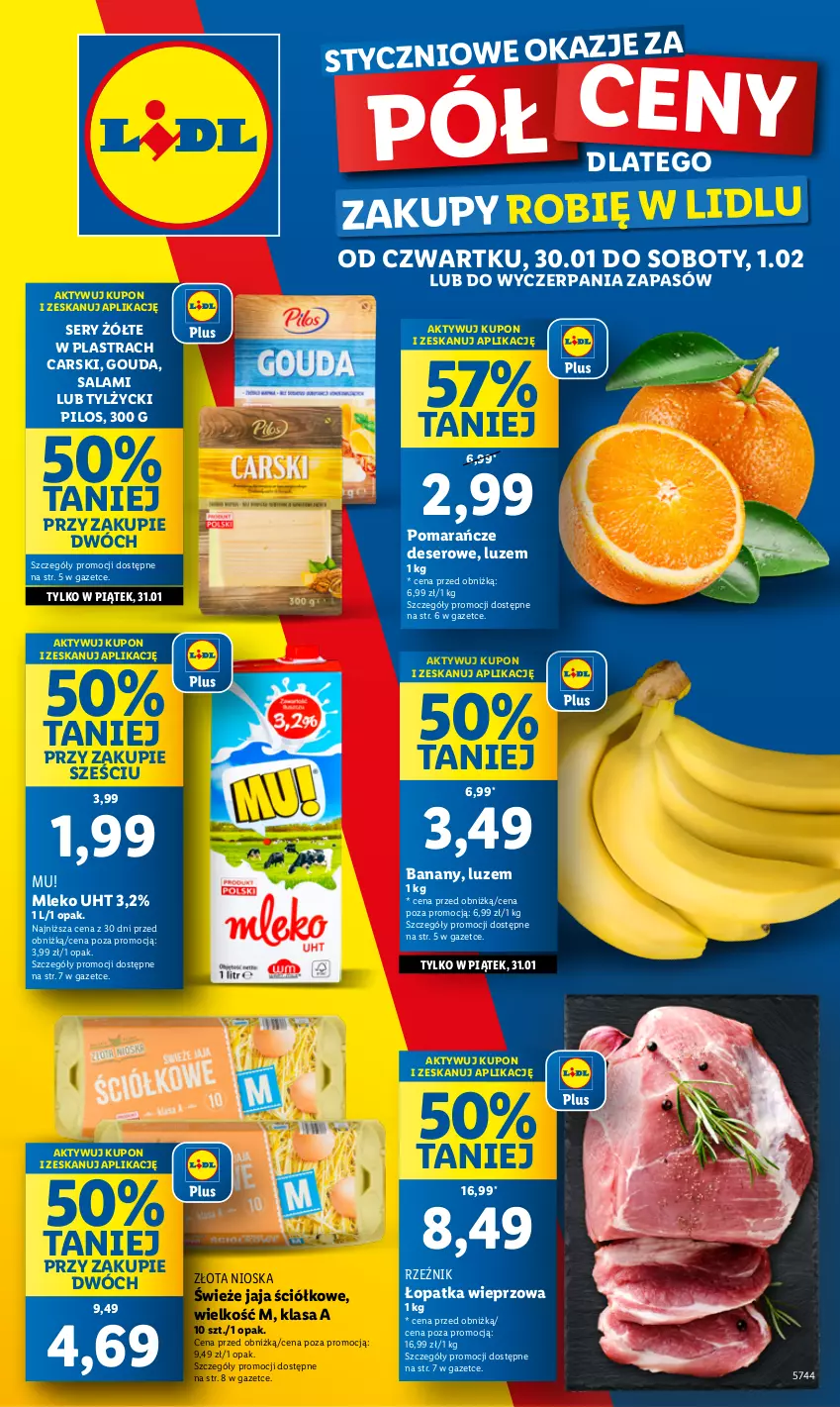 Gazetka promocyjna Lidl - GAZETKA - ważna 30.01 do 01.02.2025 - strona 1 - produkty: Banany, Cars, Deser, Gouda, Jaja, Mleko, Pilos, Pomarańcze, Salami, Ser