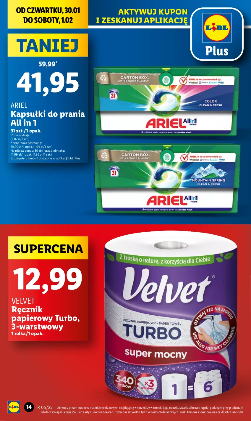 Gazetka promocyjna Lidl - GAZETKA - ważna 30.01 do 01.02.2025 - strona 14 - produkty: Ariel, Kapsułki do prania, Papier, Ręcznik, Velvet