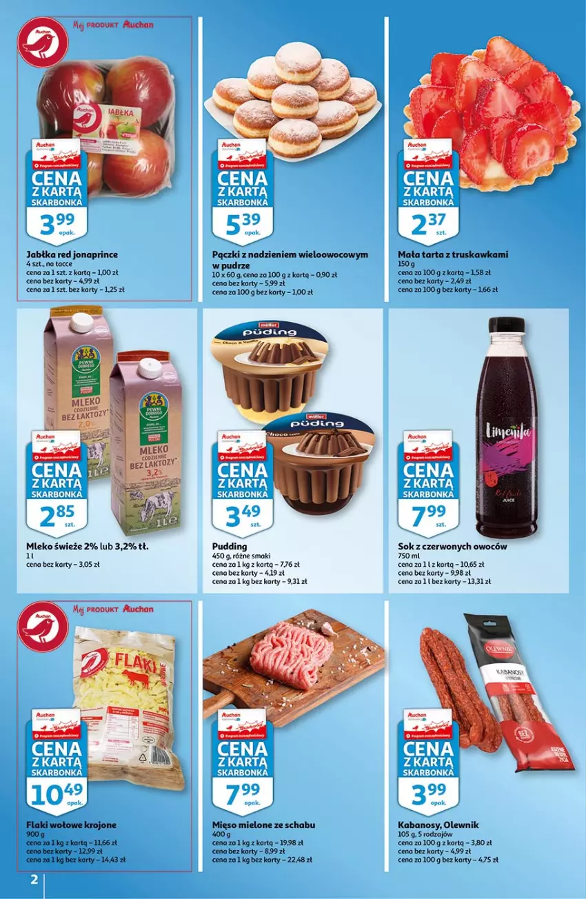 Gazetka promocyjna Auchan - Skarbonka #22 - ważna 04.06 do 09.06.2021 - strona 2 - produkty: Fa, Jabłka, Kabanos, Mięso, Mięso mielone, Mleko, Olewnik, Pudding, Sok, Tarta