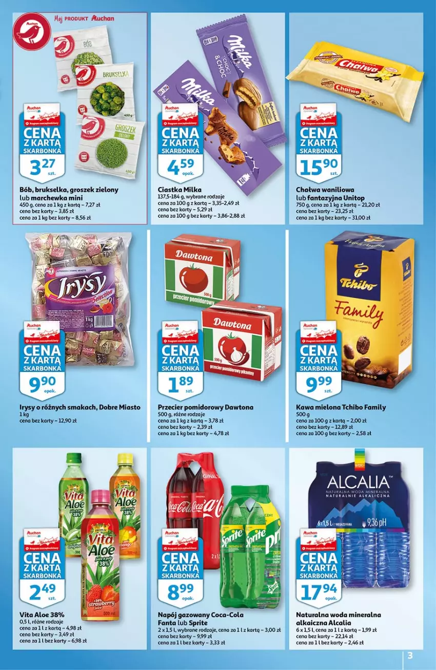 Gazetka promocyjna Auchan - Skarbonka #22 - ważna 04.06 do 09.06.2021 - strona 3 - produkty: Chałwa, Ciastka, Coca-Cola, Dawtona, Fa, Fanta, Groszek, Kawa, Kawa mielona, Marchewka, Milka, Napój, Napój gazowany, Sprite, Tchibo, Tchibo Family, Top, Woda, Woda mineralna