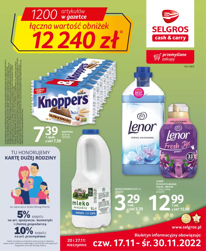 Gazetka promocyjna Selgros - Oferta spożywcza - ważna 17.11 do 30.11.2022 - strona 1 - produkty: Fa, Knoppers, Lenor, LG, Mleko, Papier, Płyn do płukania, Top, Tran