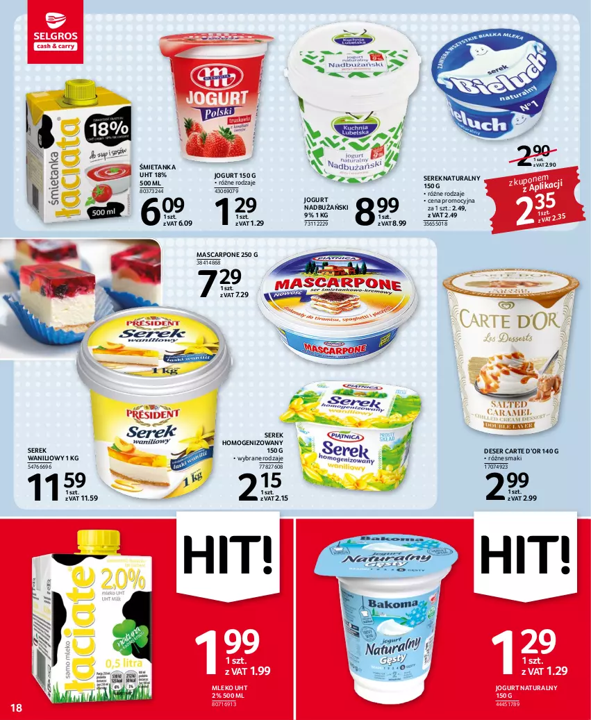 Gazetka promocyjna Selgros - Oferta spożywcza - ważna 17.11 do 30.11.2022 - strona 18 - produkty: Deser, Jogurt, Jogurt naturalny, Mascarpone, Mleko, Ser, Serek, Serek homogenizowany, Serek naturalny