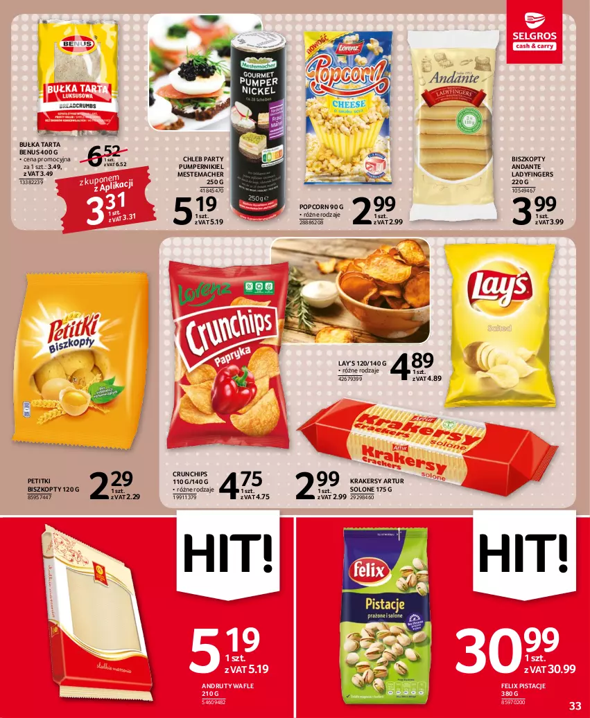 Gazetka promocyjna Selgros - Oferta spożywcza - ważna 17.11 do 30.11.2022 - strona 33 - produkty: Artur, Biszkopty, Bułka, Bułka tarta, Chleb, Crunchips, Felix, Krakersy, Lay’s, Pistacje, Popcorn, Tarta, Wafle