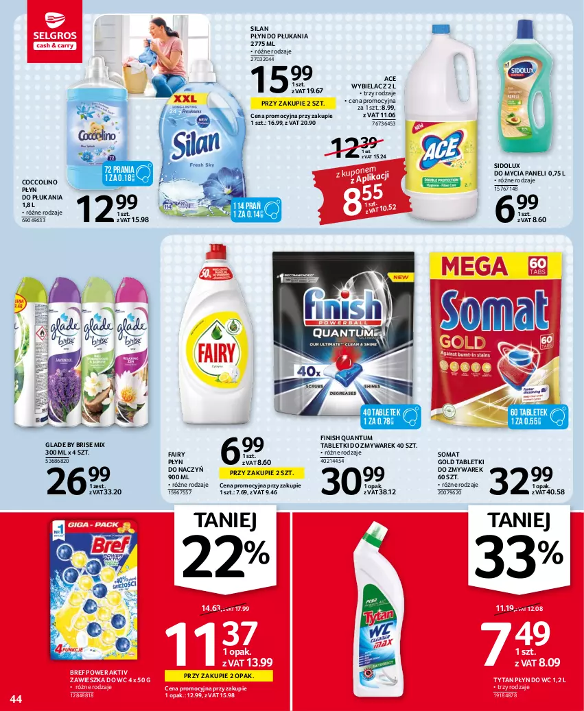 Gazetka promocyjna Selgros - Oferta spożywcza - ważna 17.11 do 30.11.2022 - strona 44 - produkty: Bref, Coccolino, Fa, Fairy, Finish, Płyn do płukania, Płyn do wc, Sidolux, Silan, Somat, Somat gold, Tablet, Tytan, Zawieszka do wc