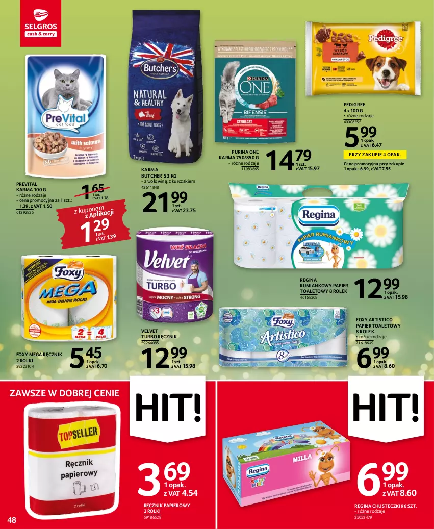 Gazetka promocyjna Selgros - Oferta spożywcza - ważna 17.11 do 30.11.2022 - strona 48 - produkty: Chusteczki, Foxy, Gin, Kurczak, Papier, Papier toaletowy, Pedigree, Pur, Purina, Ręcznik, Rolki, Rum, Velvet