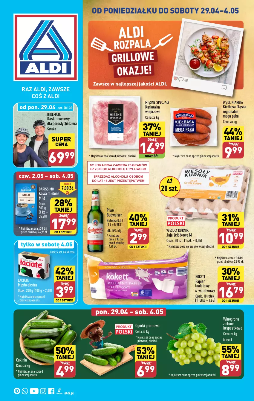 Gazetka promocyjna Aldi - Pełna oferta - ważna 29.04 do 04.05.2024 - strona 1 - produkty: Dzieci, Gra, Grunt, Jaja, Karkówka wieprzowa, Kask, Kawa, Kawa mielona, Kiełbasa, Kiełbasa śląska, Masło, Mięsne specjały, Papier, Papier toaletowy, Piwa, Piwo, Rower, Ser, Wino, Winogrona