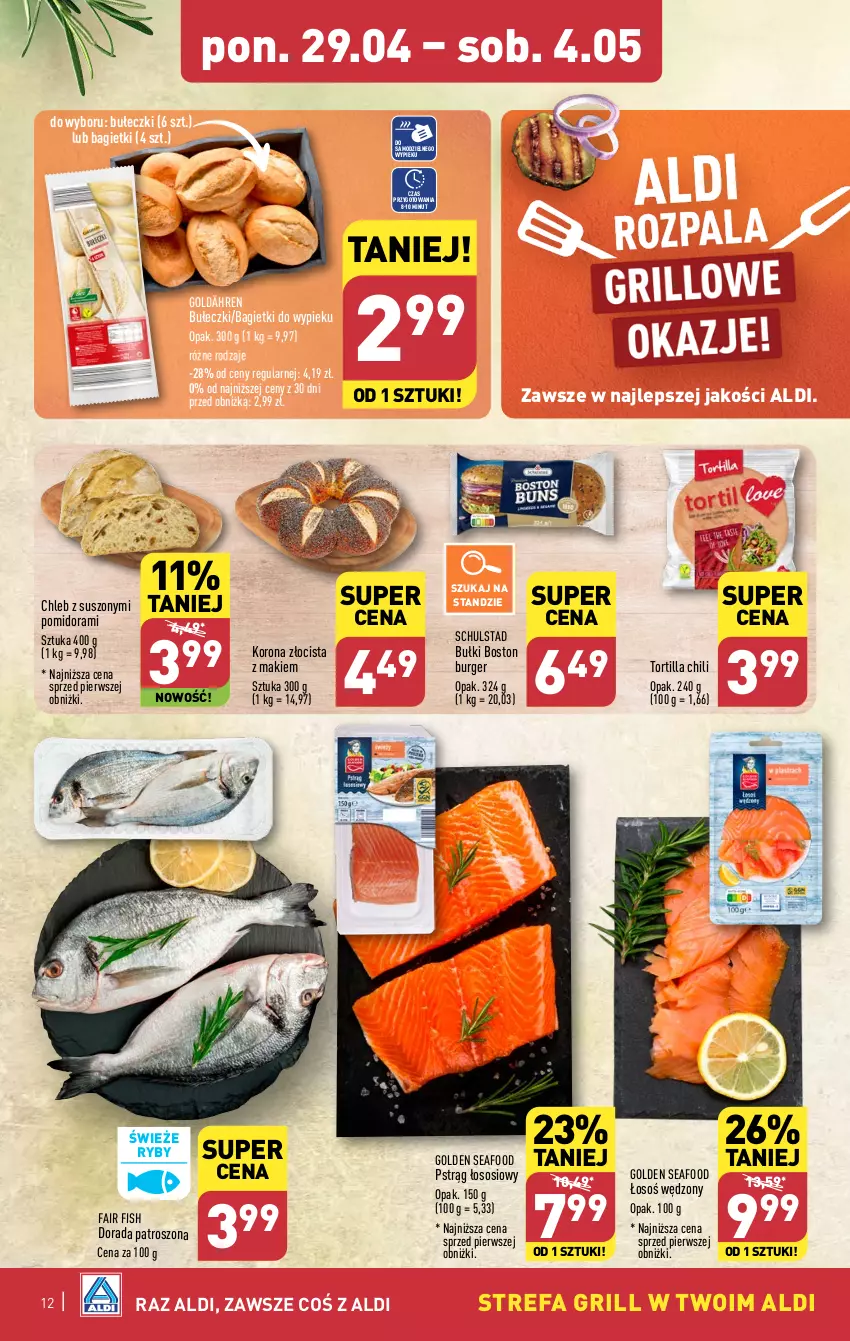 Gazetka promocyjna Aldi - Pełna oferta - ważna 29.04 do 04.05.2024 - strona 12 - produkty: Bułeczki, Burger, Chleb, Fa, Golden Seafood, Grill, Pstrąg, Pstrąg łososiowy, Sos, Tortilla