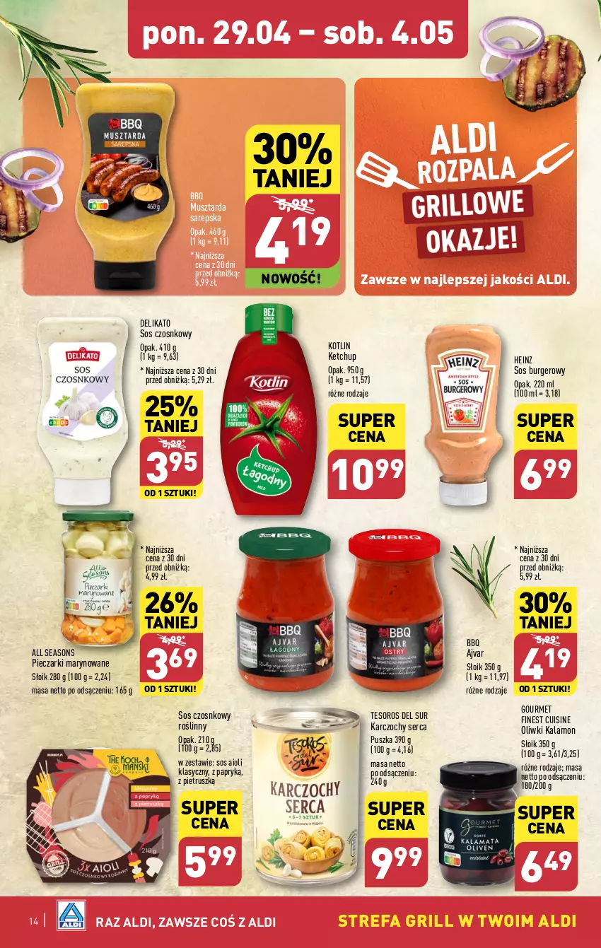 Gazetka promocyjna Aldi - Pełna oferta - ważna 29.04 do 04.05.2024 - strona 14 - produkty: All Seasons, Burger, Fa, Grill, Heinz, Karczochy, Ketchup, Kotlin, Mus, Musztarda, Oliwki, Piec, Ser, Sos, Sos czosnkowy