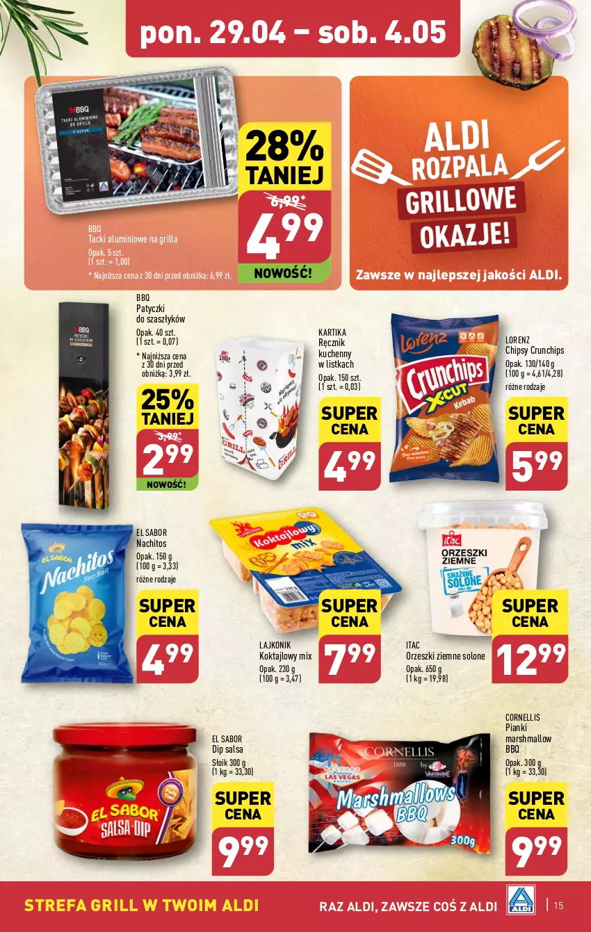 Gazetka promocyjna Aldi - Pełna oferta - ważna 29.04 do 04.05.2024 - strona 15 - produkty: Chipsy, Crunchips, Fa, Grill, Lajkonik, Lorenz, Mars, Orzeszki, Orzeszki ziemne, Ręcznik, Ręcznik kuchenny, Salsa