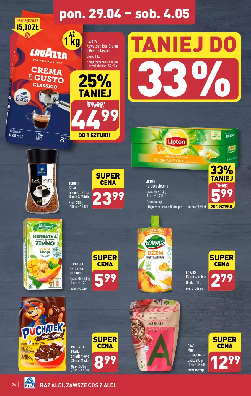 Gazetka promocyjna Aldi - Pełna oferta - ważna 29.04 do 04.05.2024 - strona 24 - produkty: Danio, Dżem, Gra, Herbapol, Herbata, Kawa, Kawa rozpuszczalna, Kawa ziarnista, Lack, Lavazza, Lipton, Mus, Tchibo