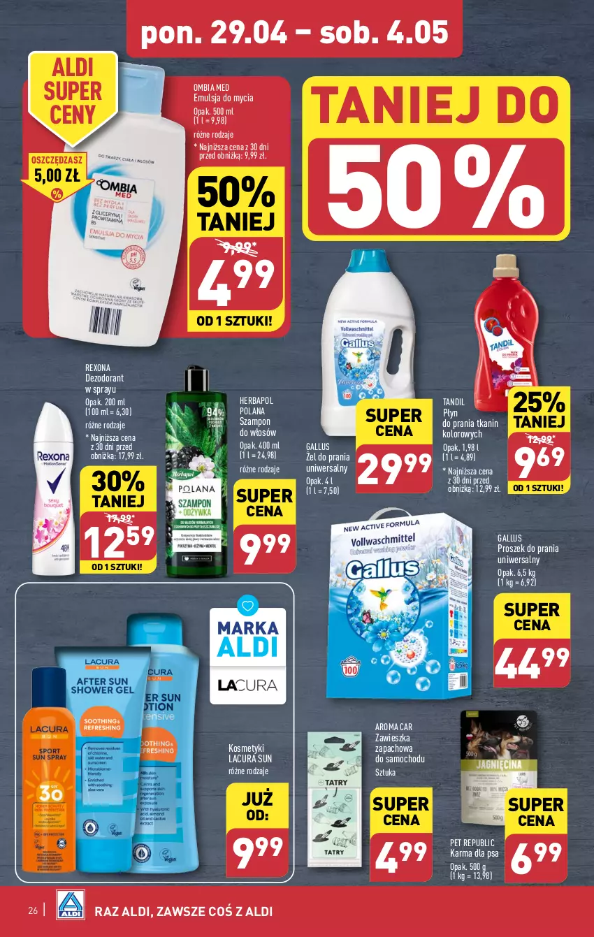 Gazetka promocyjna Aldi - Pełna oferta - ważna 29.04 do 04.05.2024 - strona 26 - produkty: Dezodorant, Emulsja, Emulsja do mycia, Herbapol, LANA, Płyn do prania, Proszek do prania, Rexona, Szampon