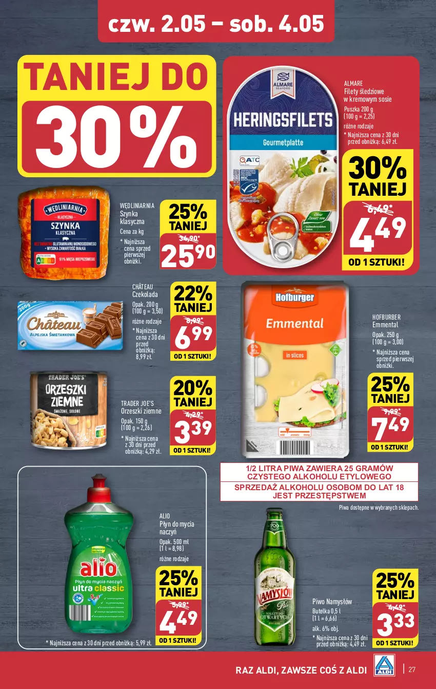 Gazetka promocyjna Aldi - Pełna oferta - ważna 29.04 do 04.05.2024 - strona 27 - produkty: Czekolada, Do mycia naczyń, Emmental, Gra, Namysłów, Orzeszki, Orzeszki ziemne, Piwa, Piwo, Płyn do mycia, Płyn do mycia naczyń, Sos, Szynka