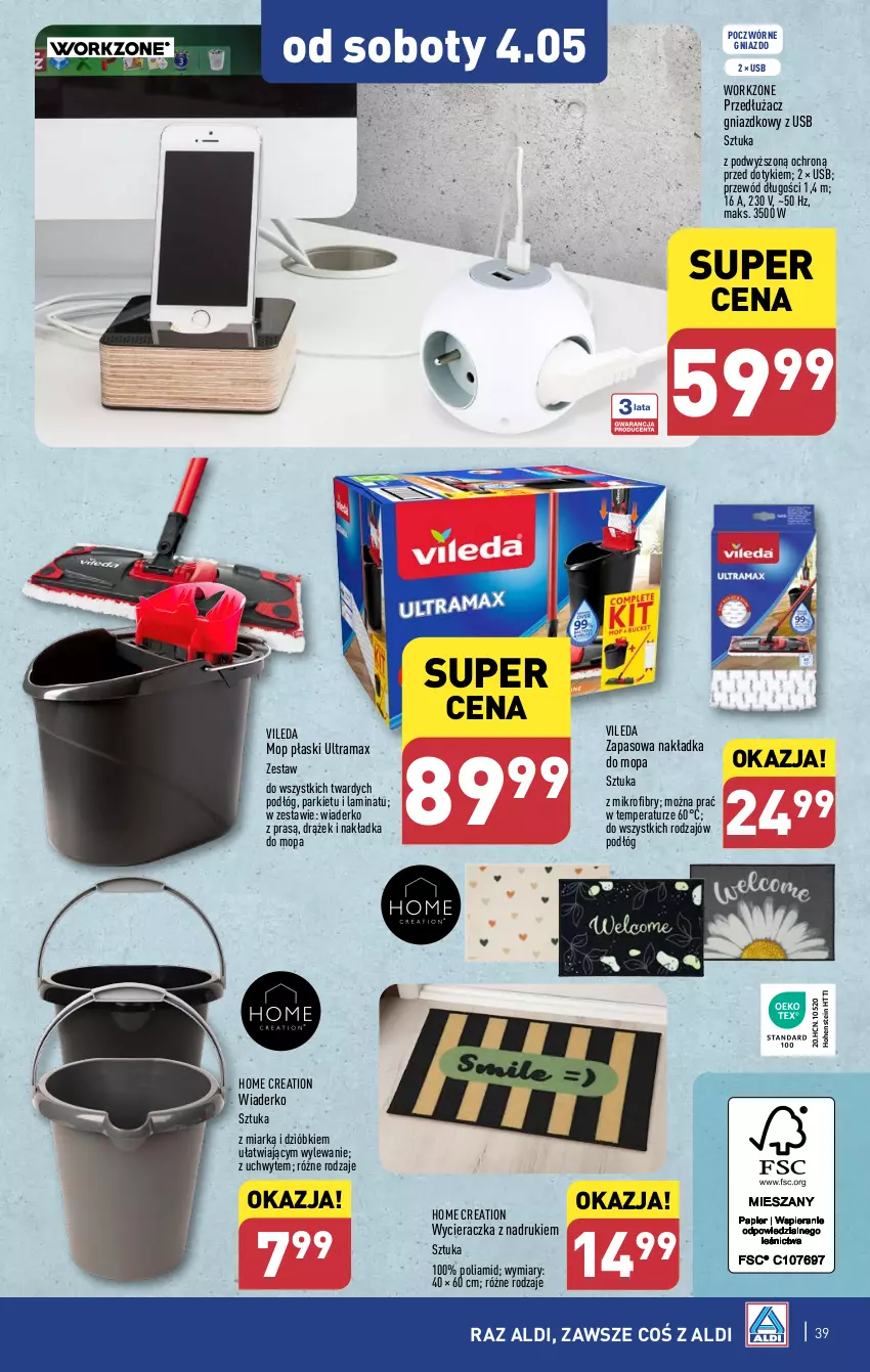 Gazetka promocyjna Aldi - Pełna oferta - ważna 29.04 do 04.05.2024 - strona 39 - produkty: Mop, Przewód, Rama, Vileda, Wycieraczka