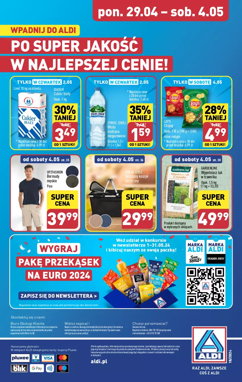 Gazetka promocyjna Aldi - Pełna oferta - ważna 29.04 do 04.05.2024 - strona 40 - produkty: Bermudy, BIC, Biuro, Chipsy, Cukier, Fa, Gra, Kosz, LANA, O nas, Por, Tera, Woda