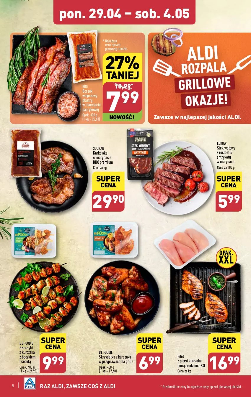 Gazetka promocyjna Aldi - Pełna oferta - ważna 29.04 do 04.05.2024 - strona 8 - produkty: Boczek, Boczek wieprzowy, Fa, Filet z piersi kurczaka, Grill, Kurczak, Por, Rostbef, Skrzydełka z kurczaka, Stek, Stek wołowy