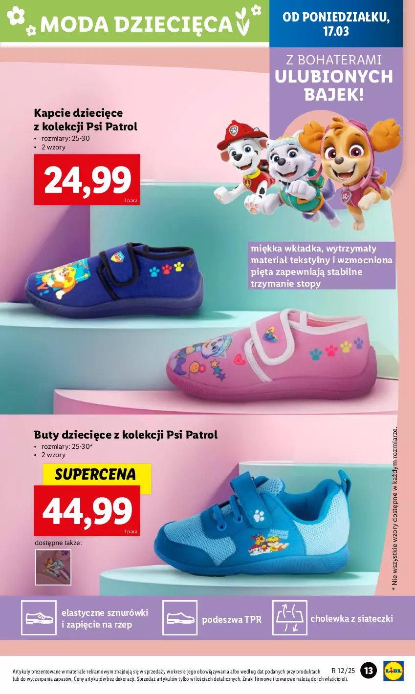 Gazetka promocyjna Lidl - GAZETKA - ważna 17.03 do 22.03.2025 - strona 13 - produkty: Buty, Dzieci, Kapcie, Moda, Psi Patrol, Tera, Top