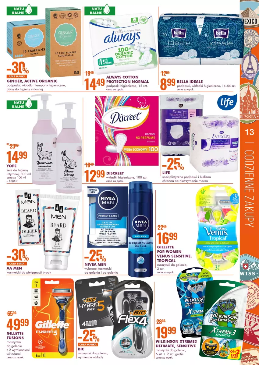 Gazetka promocyjna Super Pharm - Gazetka - ważna 30.09 do 13.10.2021 - strona 13 - produkty: Always, Bell, Bella, BIC, Bielizna, Discreet, Fa, Fusion, Gillette, Gin, Gra, Kosmetyki do pielęgnacji, LG, Maszynka, Maszynka do golenia, Nivea, Nivea Men, Podpaski, Szynka, Tampony, Tropical, Venus, Wkładki, Woda, Yope