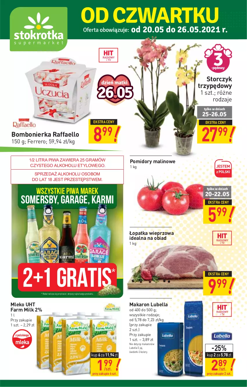 Gazetka promocyjna Stokrotka - Supermarket - ważna 20.05 do 26.05.2021 - strona 1 - produkty: Bell, Bella, Fa, Farm Milk, Ferrero, Gra, Karmi, Lubella, Makaron, Mleko, Piwa, Pomidory, Raffaello, Somersby, Storczyk