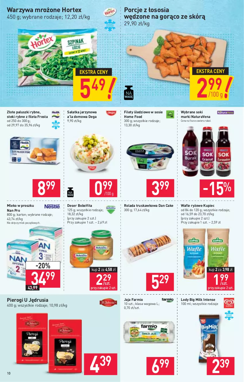 Gazetka promocyjna Stokrotka - Supermarket - ważna 20.05 do 26.05.2021 - strona 10 - produkty: Big Milk, BoboVita, Dan Cake, Dega, Deser, Fa, Frosta, Hortex, Jaja, Kupiec, Lody, Mleko, Mleko w proszku, Paluszki rybne, Piec, Pierogi, Por, Rolada, Ryż, Sałat, Sałatka, Ser, Sok, Sos, Stek, Wafle, Warzywa