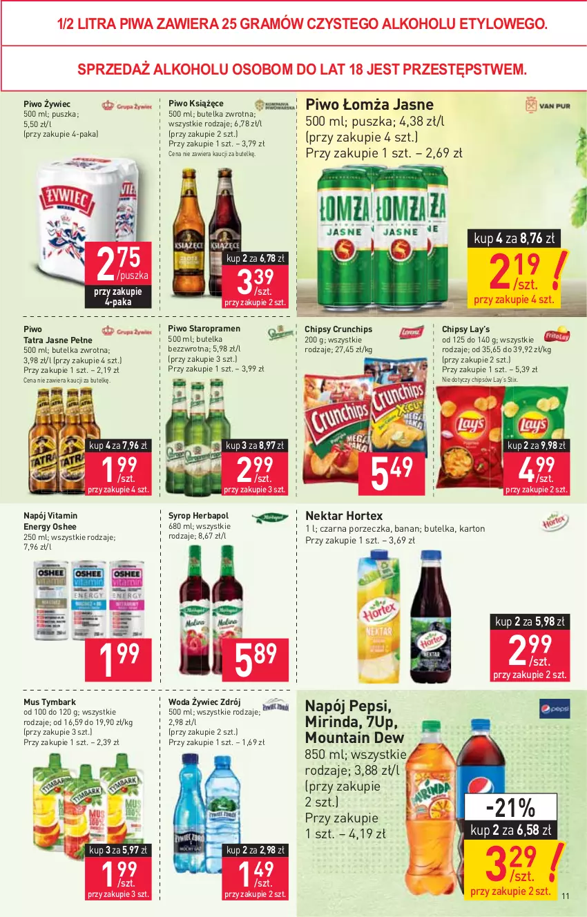 Gazetka promocyjna Stokrotka - Supermarket - ważna 20.05 do 26.05.2021 - strona 11 - produkty: 7up, Chipsy, Crunchips, Gra, Herbapol, Hortex, Książęce, Lay’s, Mirinda, Mus, Napój, Nektar, Oshee, Pepsi, Piwa, Piwo, Por, Syrop, Tatra, Tymbark, Woda