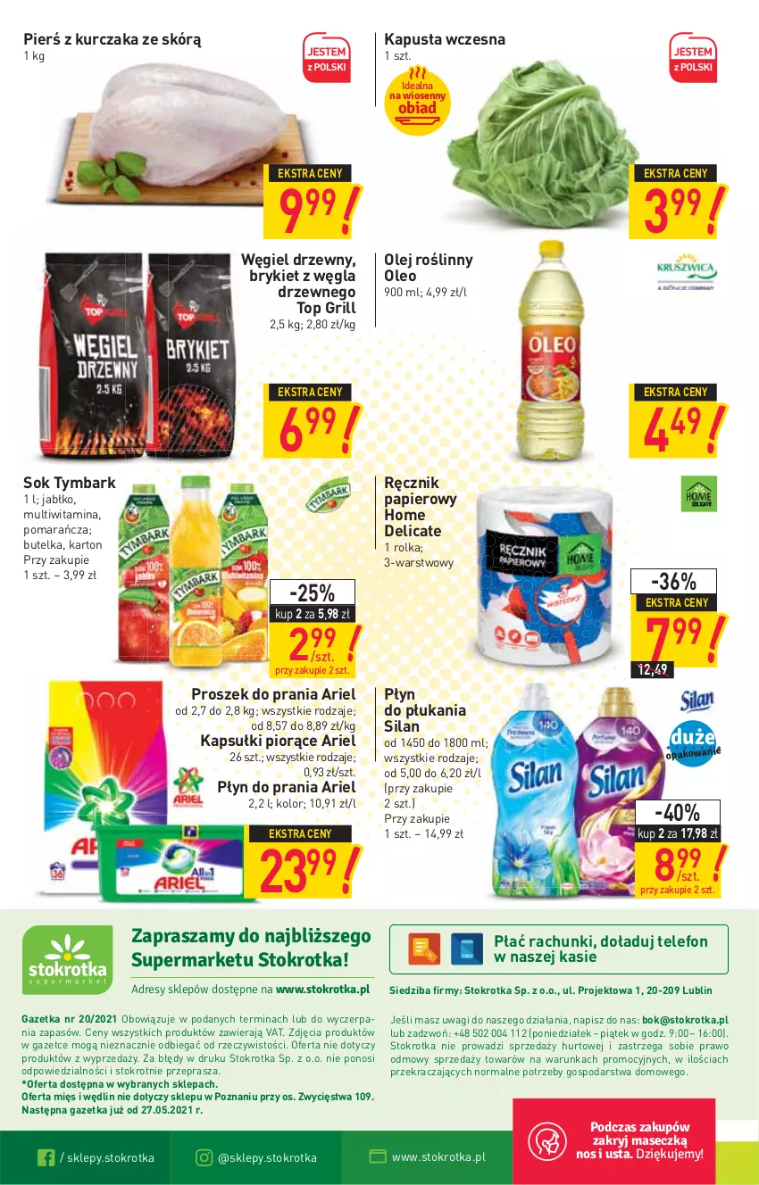 Gazetka promocyjna Stokrotka - Supermarket - ważna 20.05 do 26.05.2021 - strona 16 - produkty: Ariel, Grill, Kurczak, O nas, Olej, Olej roślinny, Oleo, Papier, Płyn do płukania, Płyn do prania, Proszek do prania, Ręcznik, Silan, Sok, Telefon, Top, Tymbark, Wagi, Węgiel drzewny