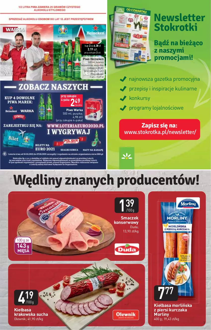 Gazetka promocyjna Stokrotka - Supermarket - ważna 20.05 do 26.05.2021 - strona 3 - produkty: Duda, Gra, Heineken, HP, Kiełbasa, Kiełbasa krakowska, Kurczak, Morliny, Olewnik, Piwo, Ser, Warka