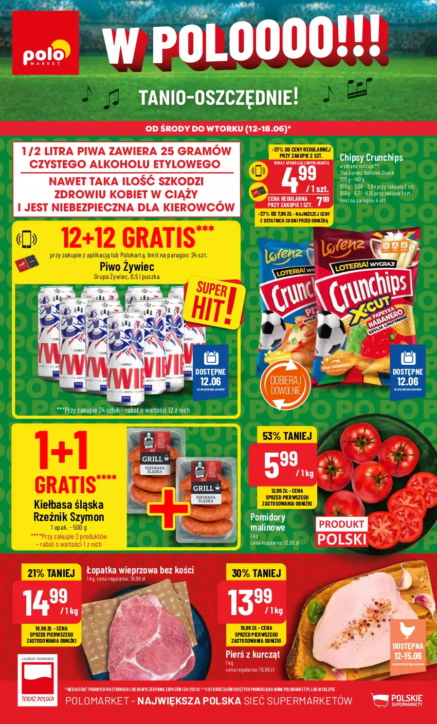 Gazetka promocyjna PoloMarket - Gazetka pomocyjna - ważna 12.06 do 18.06.2024 - strona 1 - produkty: Chipsy, Crunchips, Gra, Kiełbasa, Kiełbasa śląska, Lorenz, Piwo, Pomidory