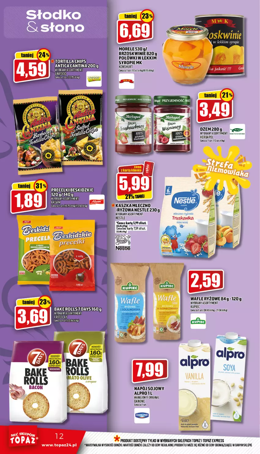 Gazetka promocyjna Topaz - Gazetka - ważna 10.03 do 16.03.2022 - strona 12 - produkty: Aksam, Alpro, Beskidzki, Brzoskwinie, Danone, Dżem, Gin, Herbapol, Kupiec, Napój, Piec, Ryż, Sok, Syrop, Top, Wafle