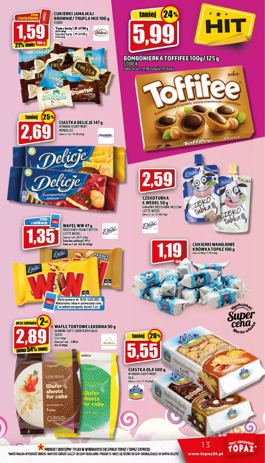 Gazetka promocyjna Topaz - Gazetka - ważna 10.03 do 16.03.2022 - strona 13 - produkty: Brownie, Ciastka, Cukier, Cukierki, Delicje, Kakao, Sok, Toffifee, Top, Wafle, Wafle tortowe