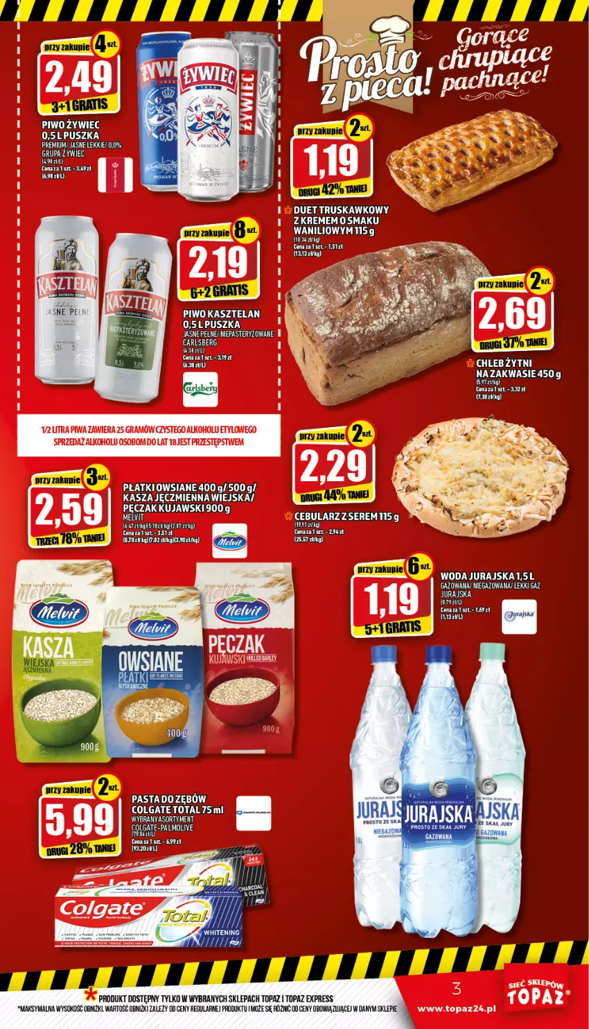 Gazetka promocyjna Topaz - Gazetka - ważna 10.03 do 16.03.2022 - strona 3 - produkty: Carlsberg, Cebula, Chleb, Colgate, Colgate Total, Gra, Kasza, Kasza jęczmienna, Kasztelan, Kujawski, LG, Palmolive, Piwa, Piwo, Ser, Sok, Top, Woda