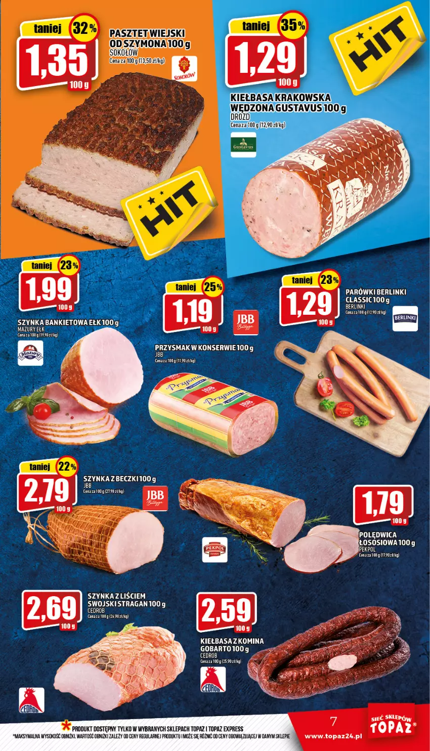 Gazetka promocyjna Topaz - Gazetka - ważna 10.03 do 16.03.2022 - strona 7 - produkty: Berlinki, Kiełbasa, Kiełbasa krakowska, Koc, Noż, Por, Sok, Sokołów, Szynka, Top, Wagi