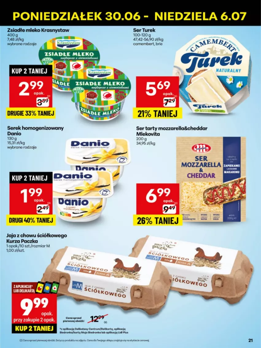 Gazetka promocyjna Delikatesy Centrum - Franczyza DC27 Poniedziałek - ważna 30.06 do 06.07.2025 - strona 21 - produkty: Brie, Camembert, Cheddar, Danio, Dron, Jaja, Koc, Mleko, Mlekovita, Mozzarella, Rum, Ser, Serek, Serek homogenizowany