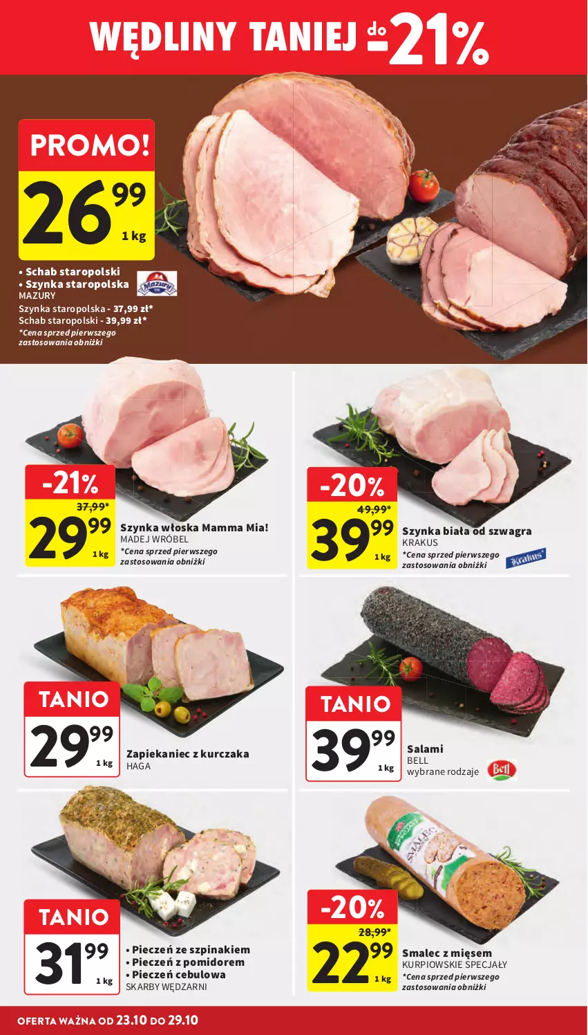 Gazetka promocyjna Intermarche - Gazetka Intermarche - ważna 23.10 do 29.10.2025 - strona 20 - produkty: Bell, Gra, Krakus, Kurczak, Madej Wróbel, Piec, Salami, Smalec, Szpinak, Szynka, Szynka biała