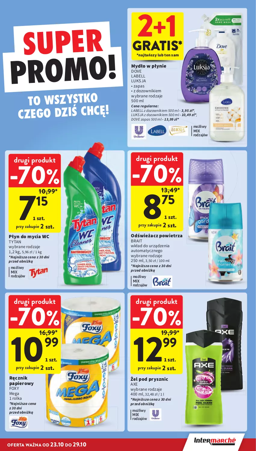 Gazetka promocyjna Intermarche - Gazetka Intermarche - ważna 23.10 do 29.10.2025 - strona 33 - produkty: Bell, Dove, Dozownik, Foxy, Gra, Luksja, Mydło, Mydło w płynie, Odświeżacz powietrza, Papier, Płyn do mycia, Ręcznik, Tytan