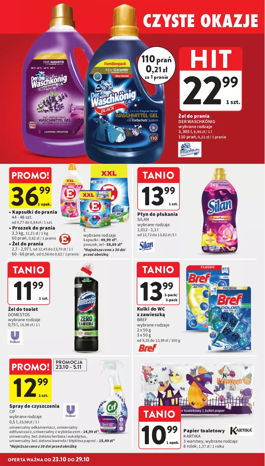 Gazetka promocyjna Intermarche - Gazetka Intermarche - ważna 23.10 do 29.10.2025 - strona 34 - produkty: Bref, Cif, Domestos, Herbata, Kapsułki do prania, König, Kulki do wc, Odkamieniacz, Odtłuszczacz, Papier, Papier toaletowy, Płyn do płukania, Proszek do prania, Silan, Spray do czyszczenia