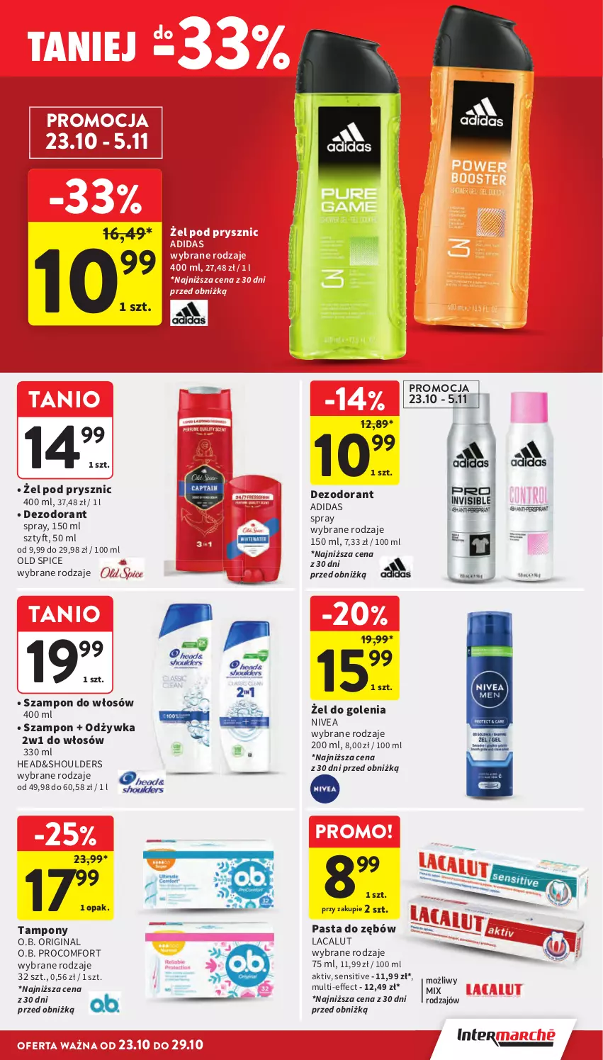 Gazetka promocyjna Intermarche - Gazetka Intermarche - ważna 23.10 do 29.10.2025 - strona 35 - produkty: Adidas, Dezodorant, Gin, Lacalut, Nivea, O.B., Odżywka, Old Spice, Pasta do zębów, Szampon, Tampony