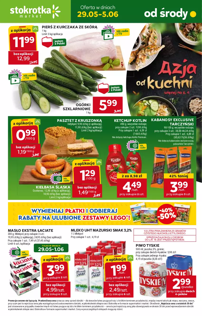 Gazetka promocyjna Stokrotka - Market - ważna 29.05 do 05.06.2024 - strona 1 - produkty: Gra, HP, Kabanos, Ketchup, Kiełbasa, Kiełbasa śląska, Kotlin, Kurczak, Masło, Mleko, Pasztet, Piwa, Piwo, Tarczyński, Tyskie