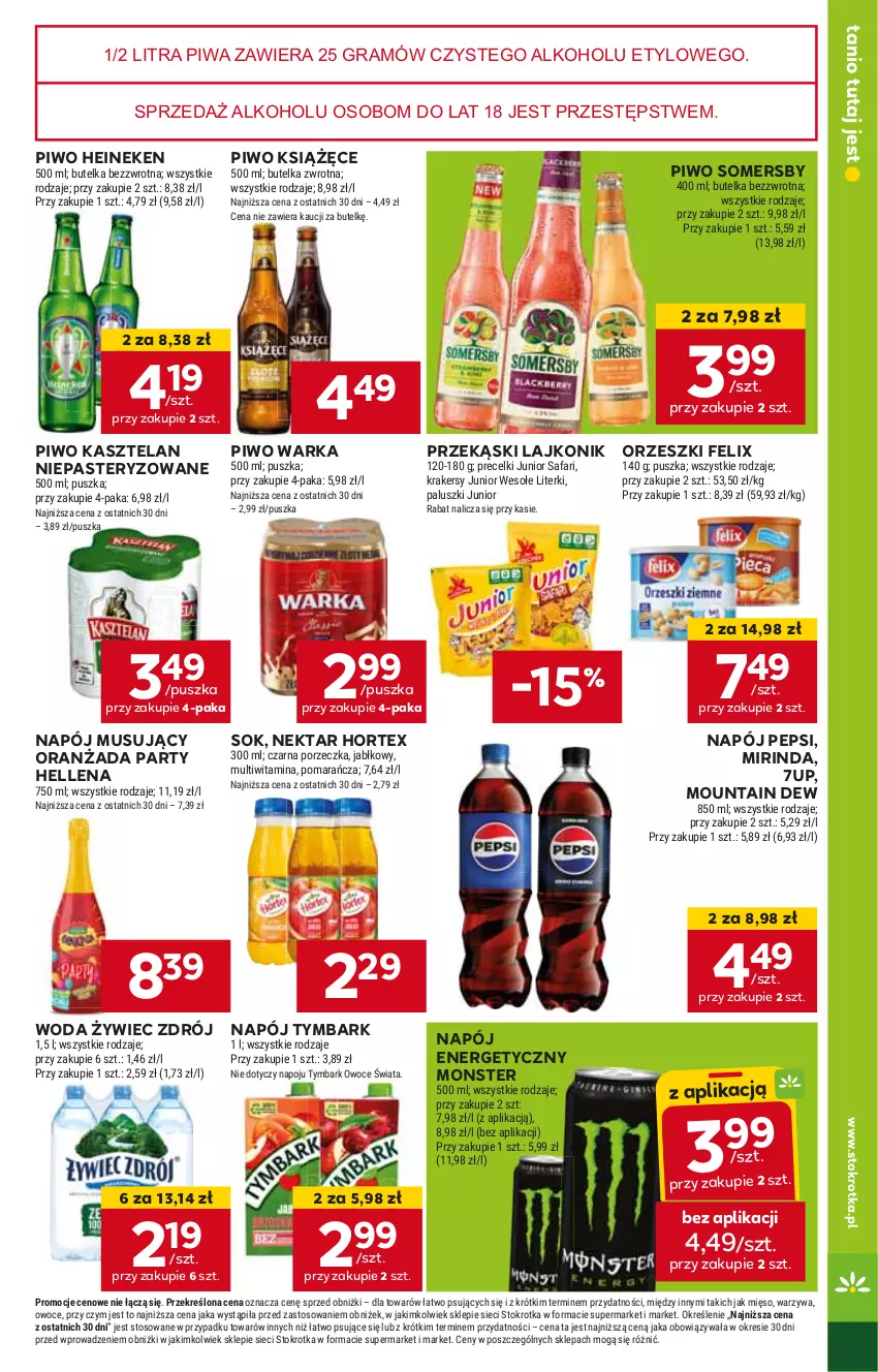 Gazetka promocyjna Stokrotka - Market - ważna 29.05 do 05.06.2024 - strona 19 - produkty: 7up, Felix, Gra, Heineken, Hellena, Hortex, HP, Kasztelan, Książęce, Lajkonik, Mirinda, Mus, Napój, Napój energetyczny, Napój musujący, Nektar, Oranżada, Orzeszki, Pepsi, Piwa, Piwo, Sok, Somersby, Tymbark, Warka, Woda