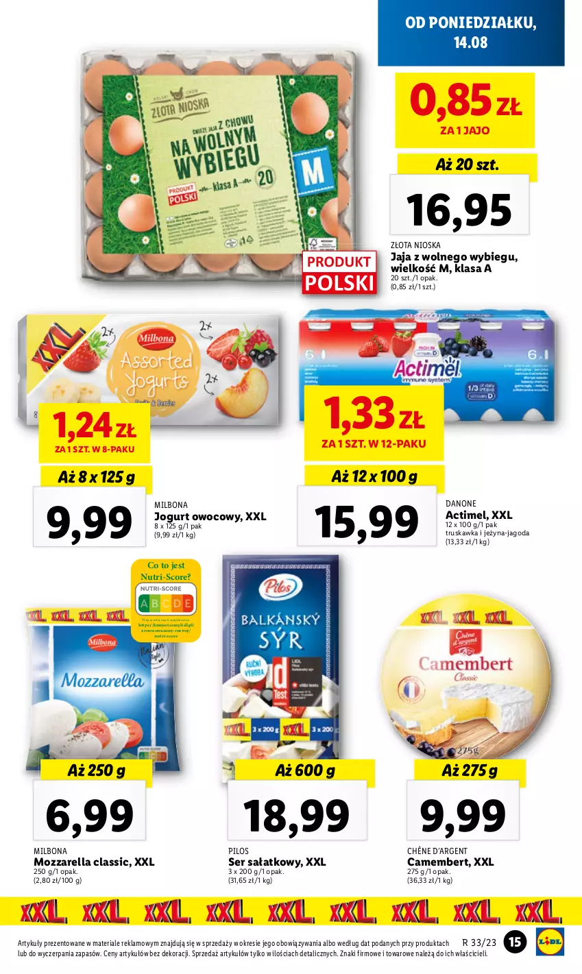 Gazetka promocyjna Lidl - GAZETKA - ważna 14.08 do 19.08.2023 - strona 19 - produkty: Camembert, Jaja, Jaja z wolnego wybiegu, Jogurt, Jogurt owocowy, Mozzarella, Sałat, Wazon