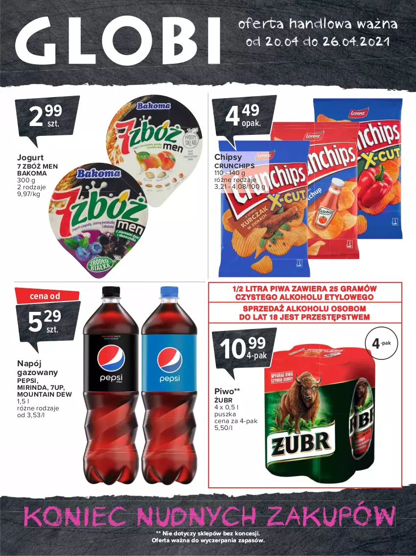 Gazetka promocyjna Carrefour - Gazetka Globi - ważna 19.04 do 26.04.2021 - strona 2 - produkty: 7up, Bakoma, Chipsy, Crunchips, Gra, Jogurt, Mirinda, Napój, Napój gazowany, Pepsi, Piwa, Piwo