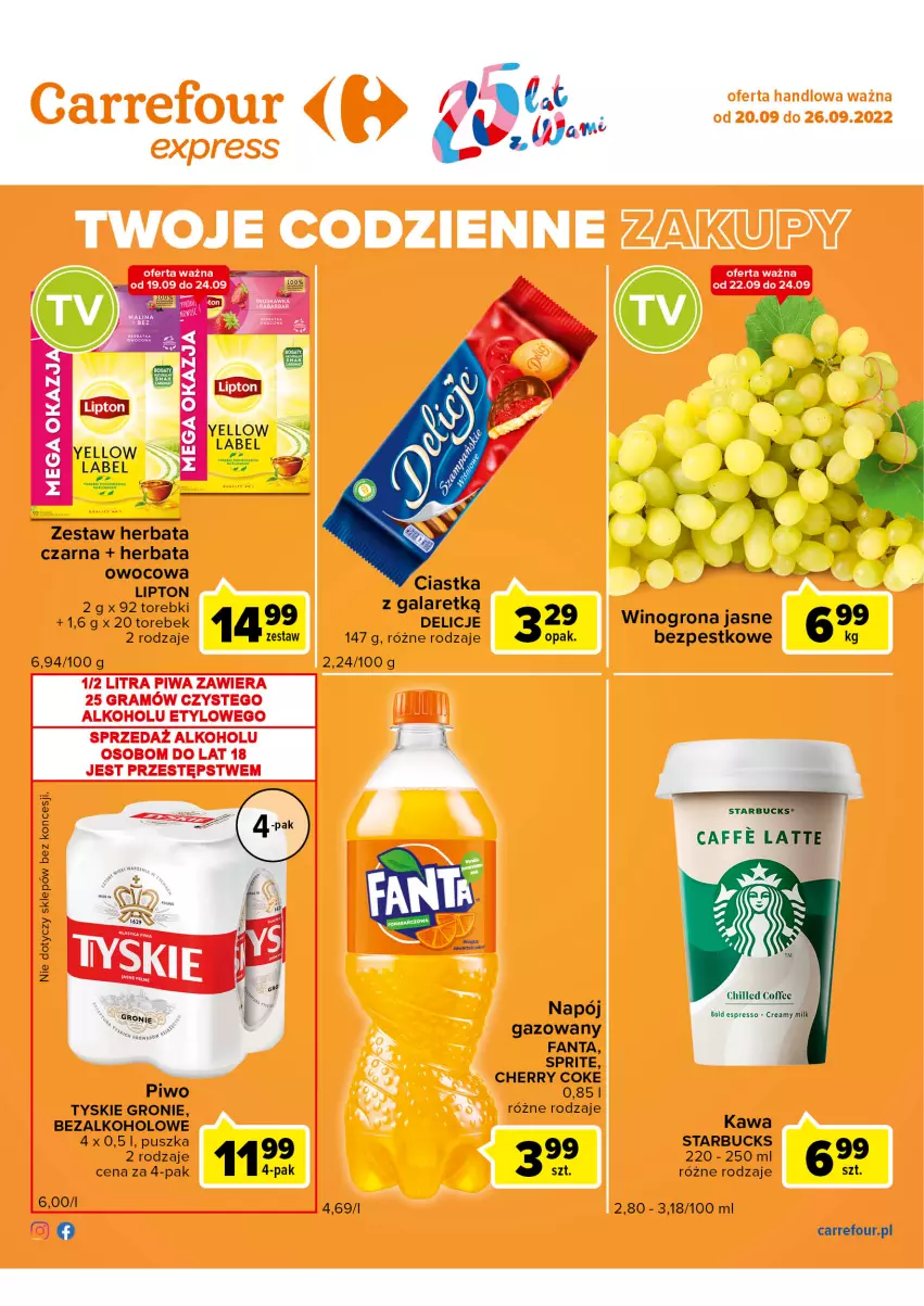 Gazetka promocyjna Carrefour - Gazetka Express - ważna 20.09 do 26.09.2022 - strona 2 - produkty: Ciastka, Delicje, Fa, Fanta, Gala, Herbata, Herbata czarna, Herbata owocowa, Kawa, Lipton, Napój, Napój gazowany, Piwo, Sprite, Tyskie, Wino, Winogrona