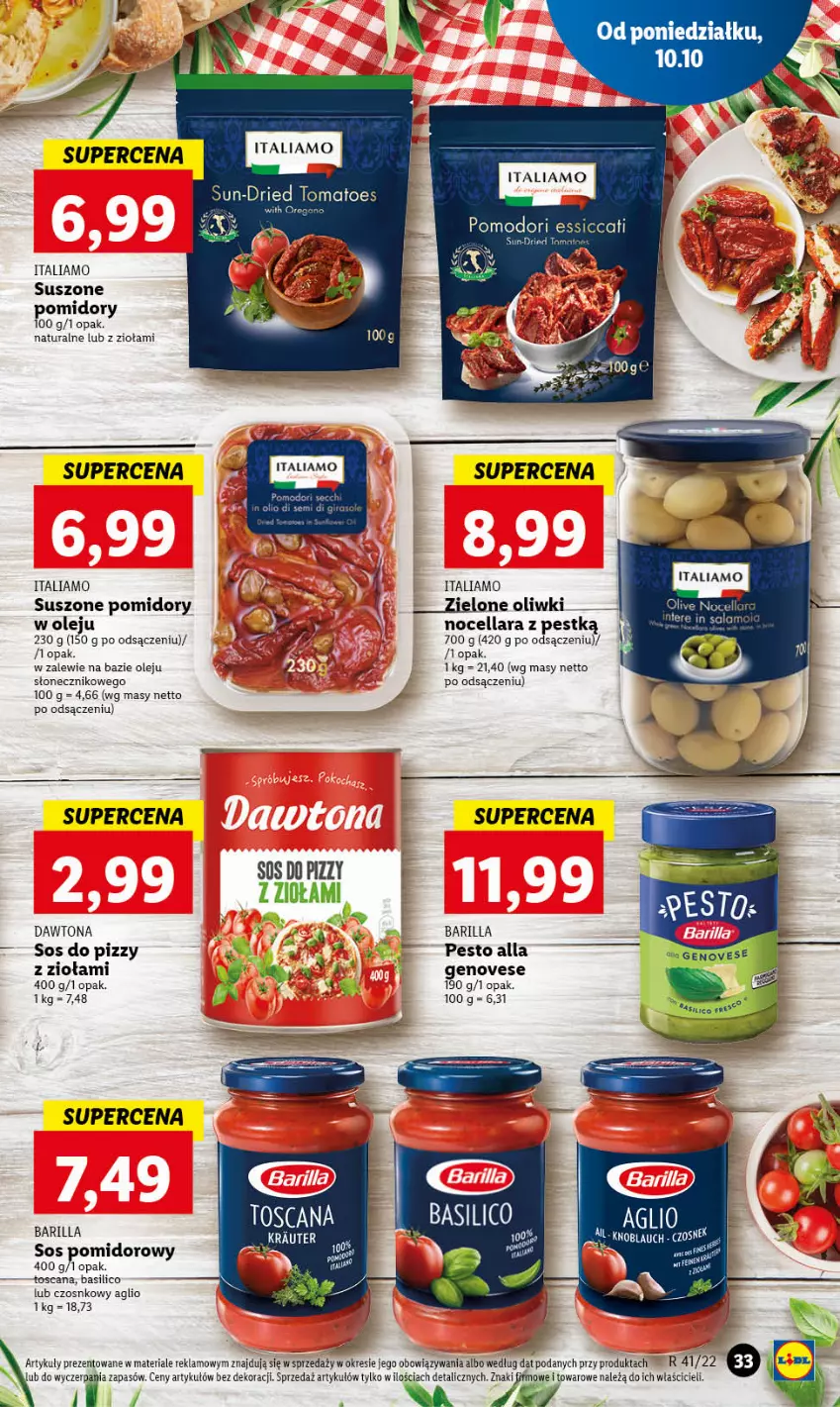 Gazetka promocyjna Lidl - GAZETKA - ważna 10.10 do 12.10.2022 - strona 36 - produkty: Barilla, Dawtona, Olej, Oliwki, Pesto, Pomidory, Sos, Sos do pizzy, Suszone pomidory