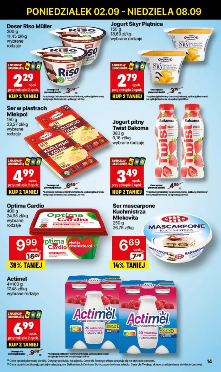 Gazetka promocyjna Delikatesy Centrum - NOWA GAZETKA Delikatesy Centrum od 2 września! 2-8.09.2024 - ważna 02.09 do 08.09.2024 - strona 14 - produkty: Actimel, Bakoma, Dron, Fa, Jogurt, Jogurt pitny, Mascarpone, Optima, Optima Cardio, Rum, Ser