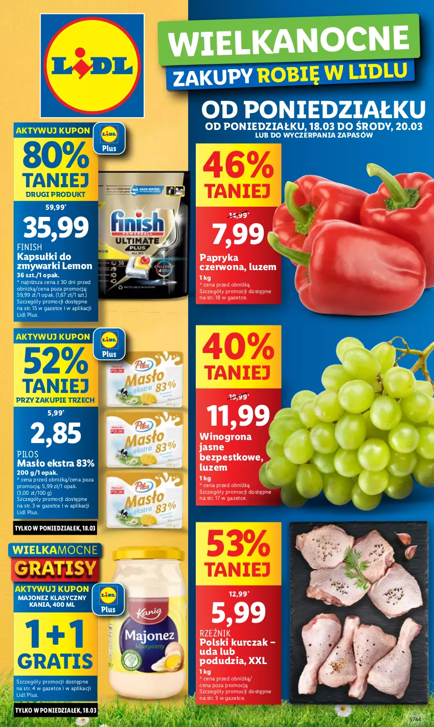 Gazetka promocyjna Lidl - GAZETKA - ważna 18.03 do 20.03.2024 - strona 1 - produkty: Finish, Gra, Kurczak, Majonez, Masło, Papryka, Papryka czerwona, Pilos, Wino, Winogrona, Zmywarki