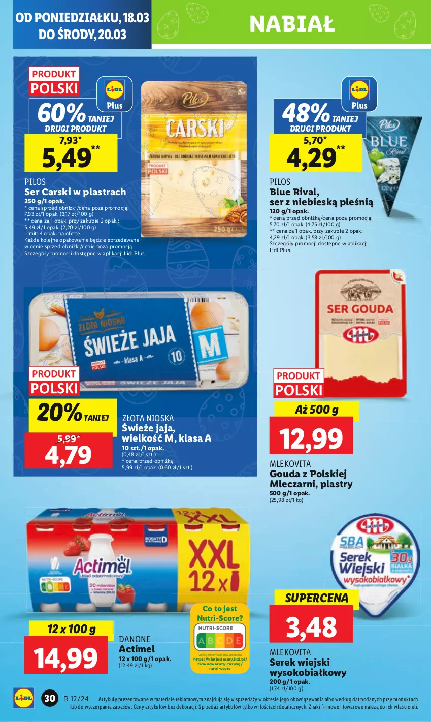 Gazetka promocyjna Lidl - GAZETKA - ważna 18.03 do 20.03.2024 - strona 34 - produkty: Actimel, Cars, Danone, Gouda, Jaja, Mleko, Mlekovita, Olej, Pilos, Ser, Serek, Serek wiejski, Sok, Wazon