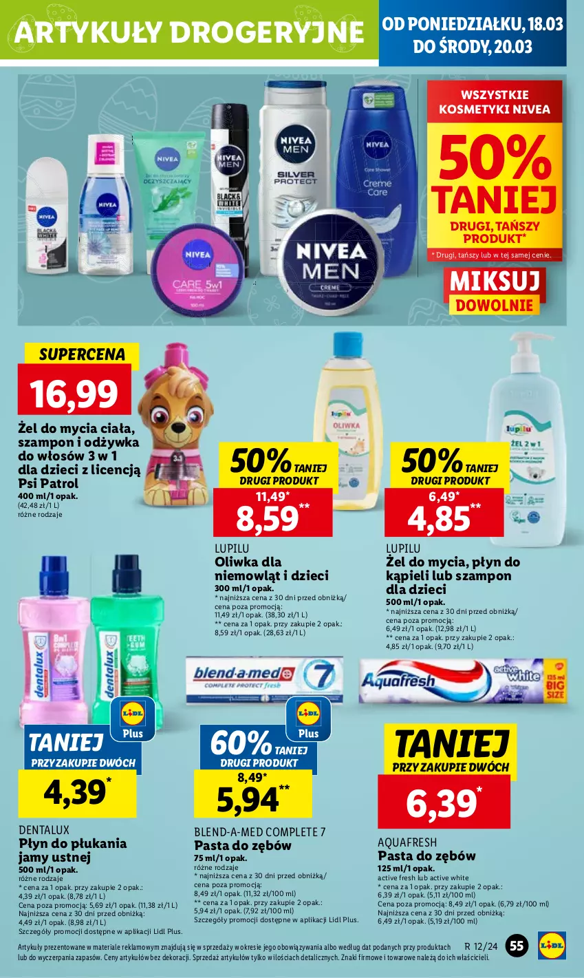 Gazetka promocyjna Lidl - GAZETKA - ważna 18.03 do 20.03.2024 - strona 63 - produkty: Aquafresh, Blend-a-Med, Dzieci, Nivea, Odżywka, Pasta do zębów, Płyn do kąpieli, Płyn do płukania, Płyn do płukania jamy ustnej, Psi Patrol, Szampon