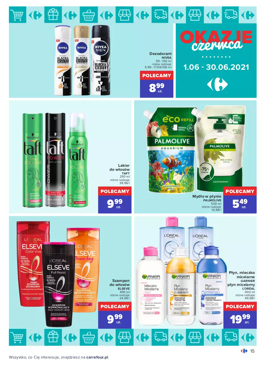 Gazetka promocyjna Carrefour - Gazetka Okazje czerwca - ważna 31.05 do 30.06.2021 - strona 15 - produkty: Dezodorant, Elseve, Garnier, L’Oréal, Lakier, Lakier do włosów, Mleczko, Mydło, Mydło w płynie, Nivea, Palmolive, Płyn micelarny, Szampon, Taft