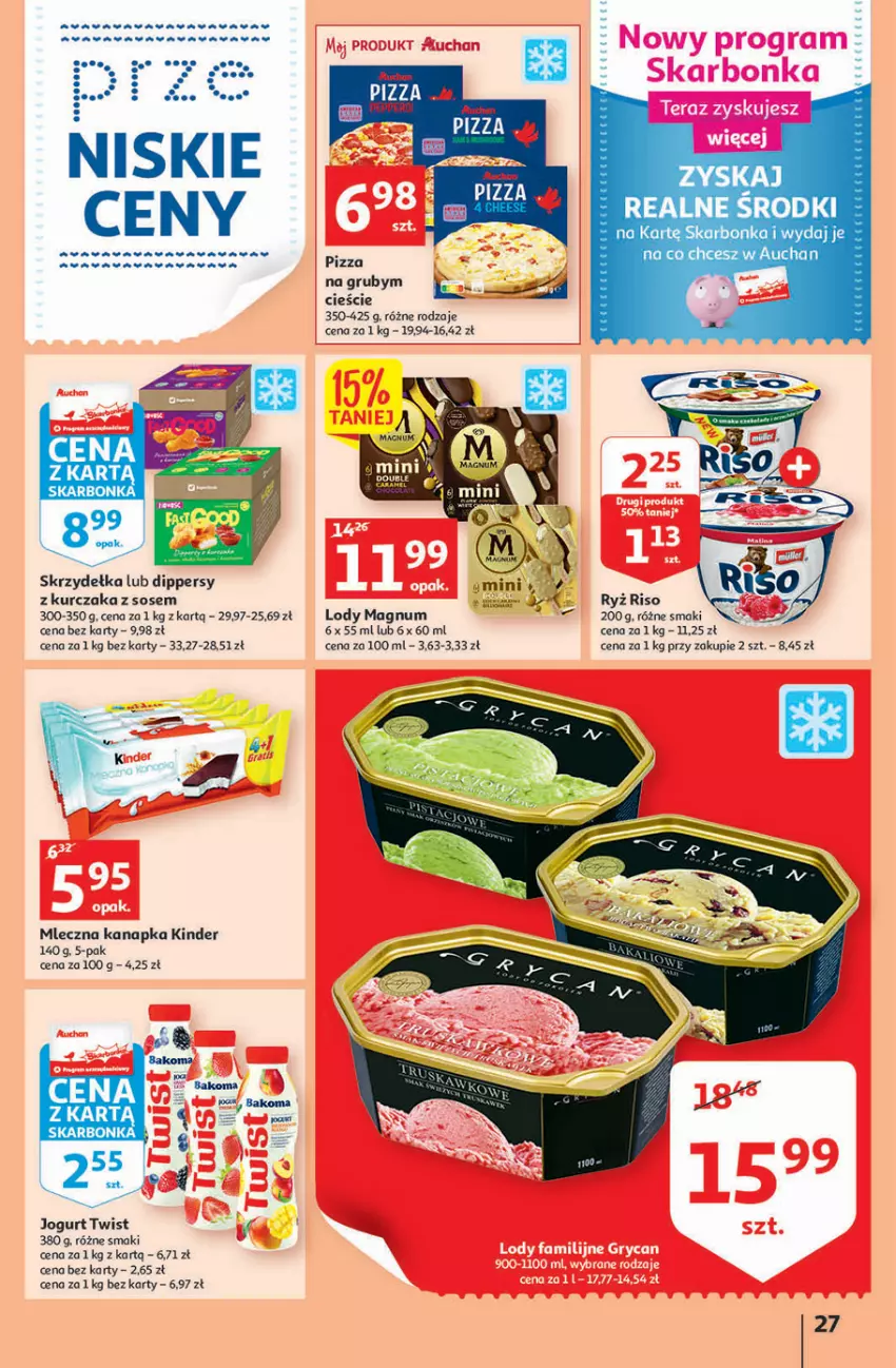 Gazetka promocyjna Auchan - Szkoła oszczędzania Hipermarkety 25-31.08 - ważna 25.08 do 31.08.2022 - strona 27 - produkty: Jogurt, Kinder, Kurczak, Lody, Mleczna kanapka, Pizza, Ryż, Sos