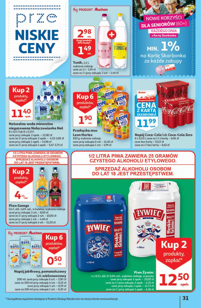 Gazetka promocyjna Auchan - Szkoła oszczędzania Hipermarkety 25-31.08 - ważna 25.08 do 31.08.2022 - strona 31 - produkty: Coca-Cola, Gra, Hortex, Leon, Mus, Nałęczowianka, Napój, Piwa, Piwo, Tonik, Woda, Woda mineralna