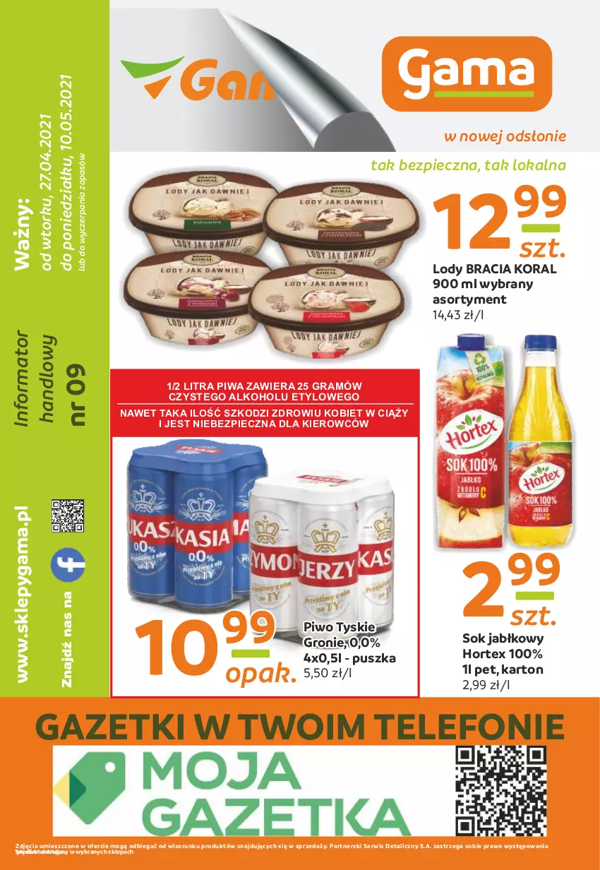 Gazetka promocyjna Gama - Gazetka Gama - ważna 27.04 do 10.05.2021 - strona 12 - produkty: Gra, Hortex, Lody, Piec, Piwa, Piwo, Ser, Sok, Sok jabłkowy, Telefon, Tyskie